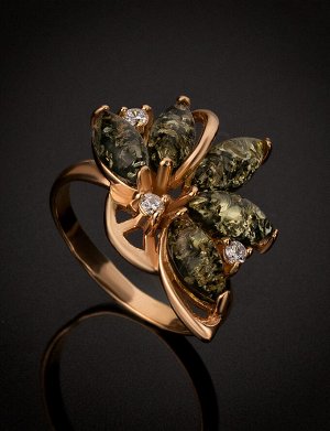 Нарядное золотое кольцо с янтарём зелёного цвета «Лотос», 806206148