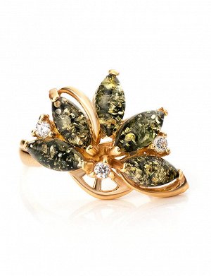 Нарядное золотое кольцо с янтарём зелёного цвета «Лотос», 806206148