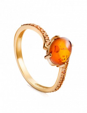 Изящное золотое кольцо «Ренессанс» с янтарём коньячного цвета, 906201236
