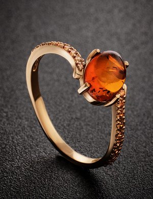 Изящное золотое кольцо «Ренессанс» с янтарём коньячного цвета, 906201236