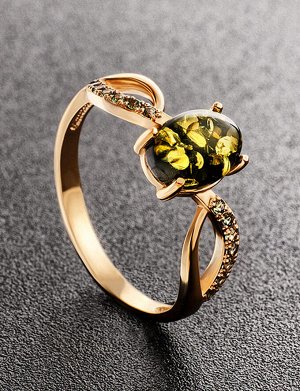 Ажурное золотое кольцо «Ренессанс» с натуральным янтарём зелёного цвета, 906201233