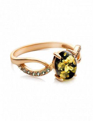 Ажурное золотое кольцо «Ренессанс» с натуральным янтарём зелёного цвета, 906201233