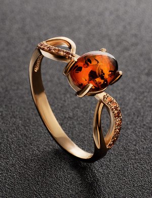Тонкое золотое кольцо, украшенное янтарём и цирконитами «Ренессанс», 906201230