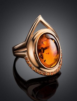 Золотой перстень «Ренессанс» с натуральным коньячным янтарём, 806212006