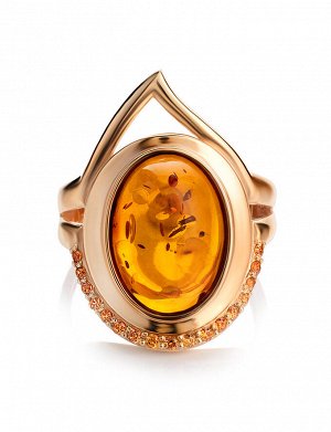 Золотой перстень «Ренессанс» с натуральным коньячным янтарём, 806212006