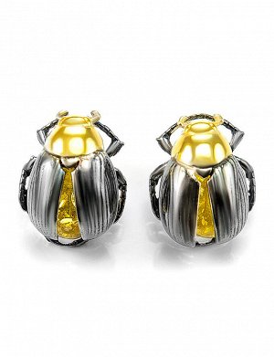 Необычные серебряные серьги с натуральным лимонным янтарём «Скарабей»