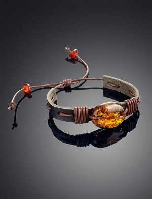 Кожаный браслет в стиле унисекс с натуральным искрящимся янтарём «Копакабана», 905002201
