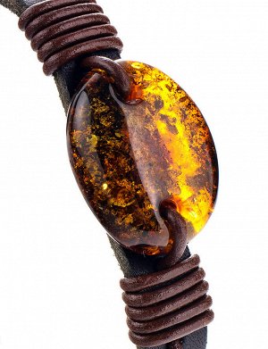 Кожаный браслет в стиле унисекс с натуральным искрящимся янтарём «Копакабана», 905002201