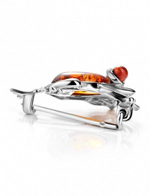 Очаровательная серебряная брошь с коньячным янтарём «Лягушка»