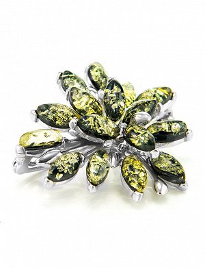 Серебряная брошь, украшенная вставками из натурального зелёного янтаря «Георгина», 707907270