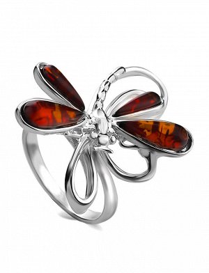 Яркое оригинальное кольцо из серебра и натурального балтийского вишнёвого янтаря «Стрекоза», 606306084