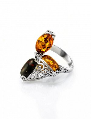 Крупное ажурное кольцо из серебра и натурального янтаря двух цветов «Касабланка», 606308102