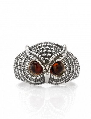 Оригинальное кольцо из серебра со вставками из янтаря вишнёвого цвета «Филин», 606308327