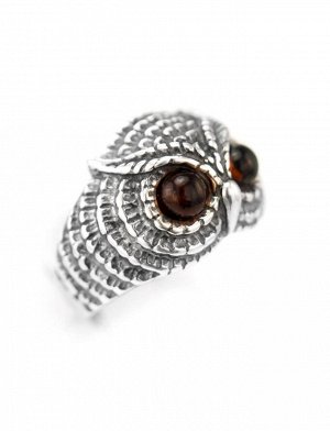 Оригинальное кольцо из серебра со вставками из янтаря вишнёвого цвета «Филин», 606308327