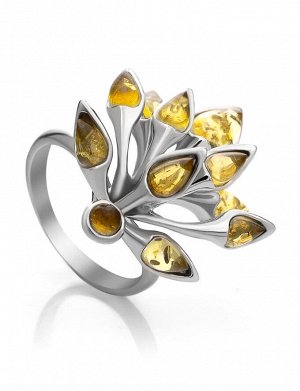 Эффектное кольцо из серебра и натурального янтаря лимонного цвета «Осень»