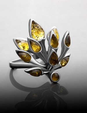 Эффектное кольцо из серебра и натурального янтаря лимонного цвета «Осень»