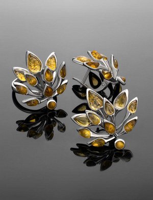 Объёмные серебряные серьги с янтарём лимонного цвета «Осень», 606509014