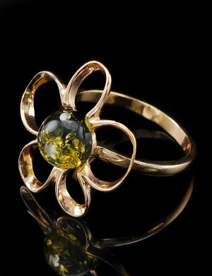 Ажурное кольцо из золота и янтаря зелёного цвета «Ромашка», 806201087