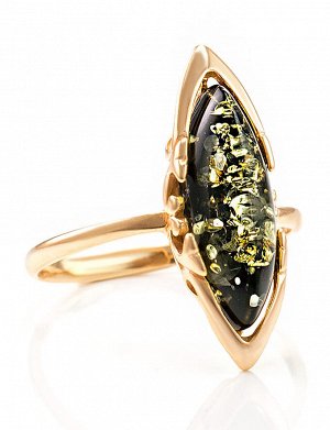 Изысканное кольцо из золота с натуральным зелёным янтарём «Годива», 806207156