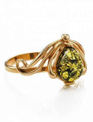 Золотое кольцо с натуральным янтарём зелёного цвета «Медея», 806201089