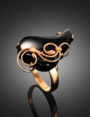 Эффектное кольцо с чёрным ониксом в золоте «Серенада», 910803040