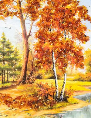 Картина с лесным пейзажем, украшенная натуральным янтарём «Лесная речка», 606807223