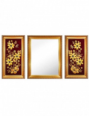Роскошный триптих «Ромашки» из двух янтарных картин и зеркала