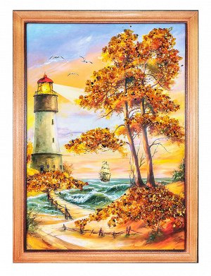 Вертикальный морской пейзаж, украшенный янтарём «Ведомый маяком» 33 см (В) х 23 см (Ш), 708903412