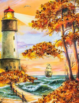 Вертикальный морской пейзаж, украшенный янтарём «Ведомый маяком» 33 см (В) х 23 см (Ш), 708903412