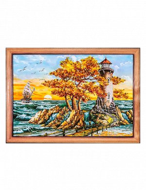 Декоративное панно «Морской пейзаж с маяком», украшенное натуральным янтарём 23 см (В) х 33 см (Ш), 708903423