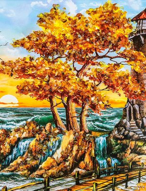Декоративное панно «Морской пейзаж с маяком», украшенное натуральным янтарём 23 см (В) х 33 см (Ш), 708903423
