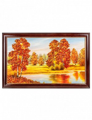 Красивая картина «Озеро в березовом лесу» с натуральным янтарём, 808906039