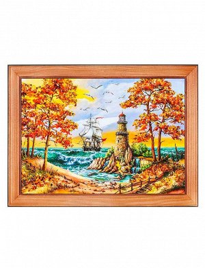 «Маяк на острове». Картина горизонтального формата, украшенная янтарем 17 см (В) х 24 см (Ш), 808906092