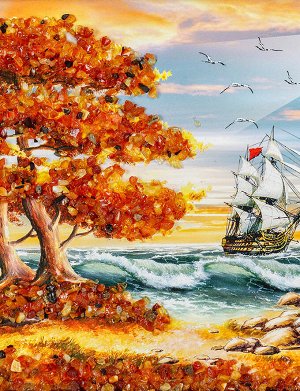 Картина с морским пейзажем, украшенная янтарём «Лазурный берег», 808906172
