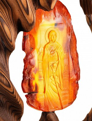 Резная икона на натуральном цельном янтаре в деревянной оправе «Блаженная Ксения Петербургская», 905302019