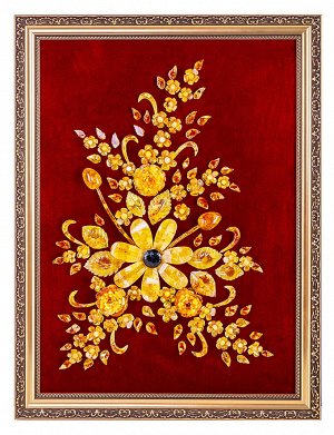Картина из натурального янтаря на вишнёвом бархате «Букет с ромашкой и тюльпанами»