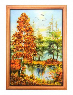 «Берёза у лесного озера». Вертикально ориентированная картина, украшенная янтарем, 5068211220