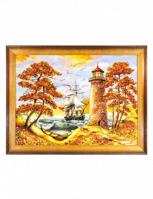 Горизонтальное панно с натуральным янтарем «Парусник и маяк в шторм», 5068212050