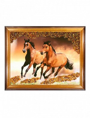 Горизонтальное панно с натуральным янтарем «Лошади», 5068212055