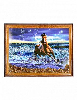 Горизонтальное панно с натуральным янтарем «Конь на берегу», 5068212056