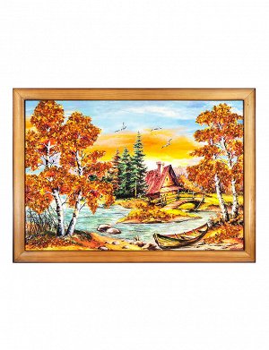 Картина горизонтального формата, украшенная натуральным янтарём «Домик у реки», 606804084
