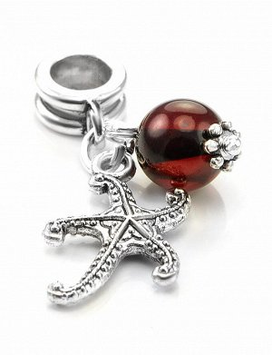 Изысканный шарм для модульного браслета, украшенный бусиной из вишнёвого янтаря «Морская звезда», 609410024