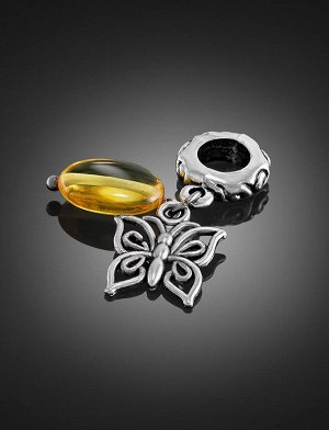 Подвеска-шарм для европейского браслета с натуральным янтарём лимонного цвета «Бабочка», 809408066