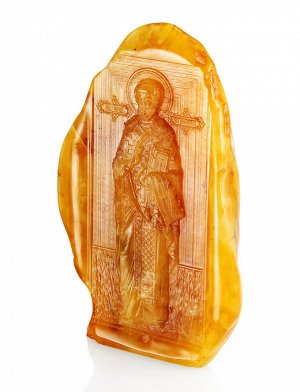 Резная икона «Николай Чудотворец» на крупном цельном кусочке натурального балтийского янтаря, 905304513