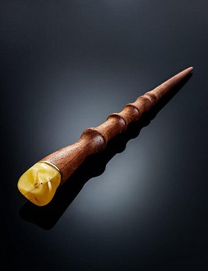 Палисандровая шпилька для волос, украшенная натуральным янтарём, 910302013