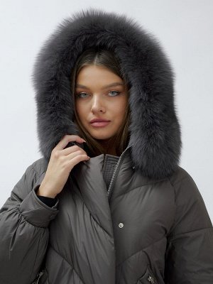 Полупальто женское зимние с мехом песец люкс класса темно-серого цвета 6227TC