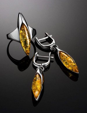 Изящное удлинённое кольцо из серебра и лимонного янтаря «Гауди»