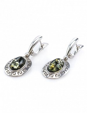 Удлинённые серьги «Эллада» из серебра и натурального янтаря зелёного цвета, 606510266