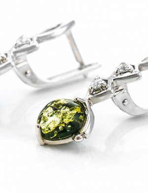 Изящные серьги из серебра с янтарём зелёного цвета и цирконами «Самбия», 606511233