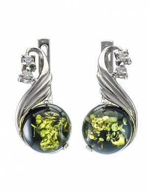 Изящные серьги из натурального янтаря насыщенного зеленого цвета в серебре «Лебедь», 606511243